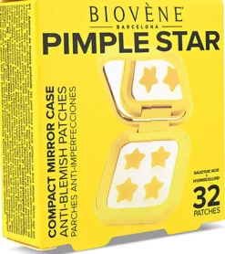 Biovène PIMPLE STAR PATCHES & MIRROR CASE Yellow Pimple Patches - Anti-Blemish Stars in portable mirror case, 32 patches 4 g