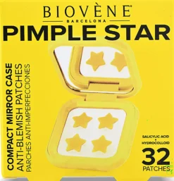 Biovène PIMPLE STAR PATCHES & MIRROR CASE Yellow Pimple Patches - Anti-Blemish Stars in portable mirror case, 32 patches 4 g