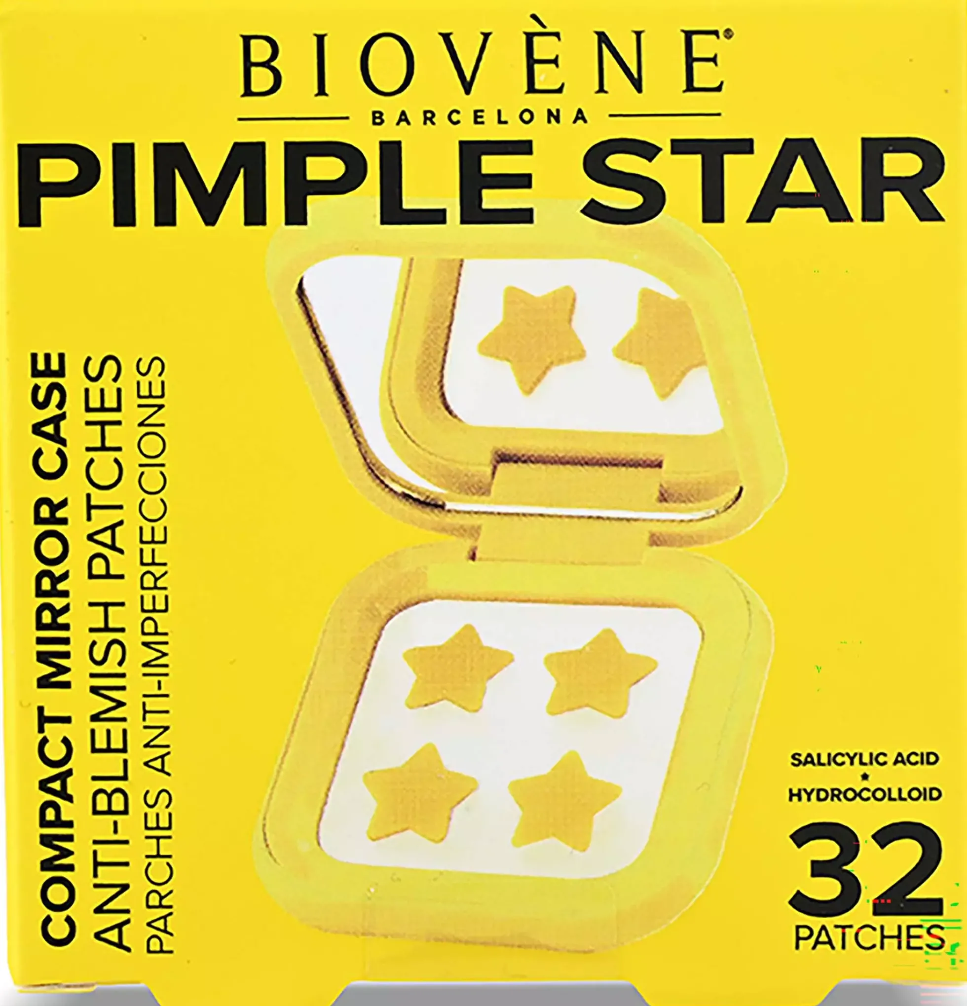 Biovène PIMPLE STAR PATCHES & MIRROR CASE Yellow Pimple Patches - Anti-Blemish Stars in portable mirror case, 32 patches 4 g