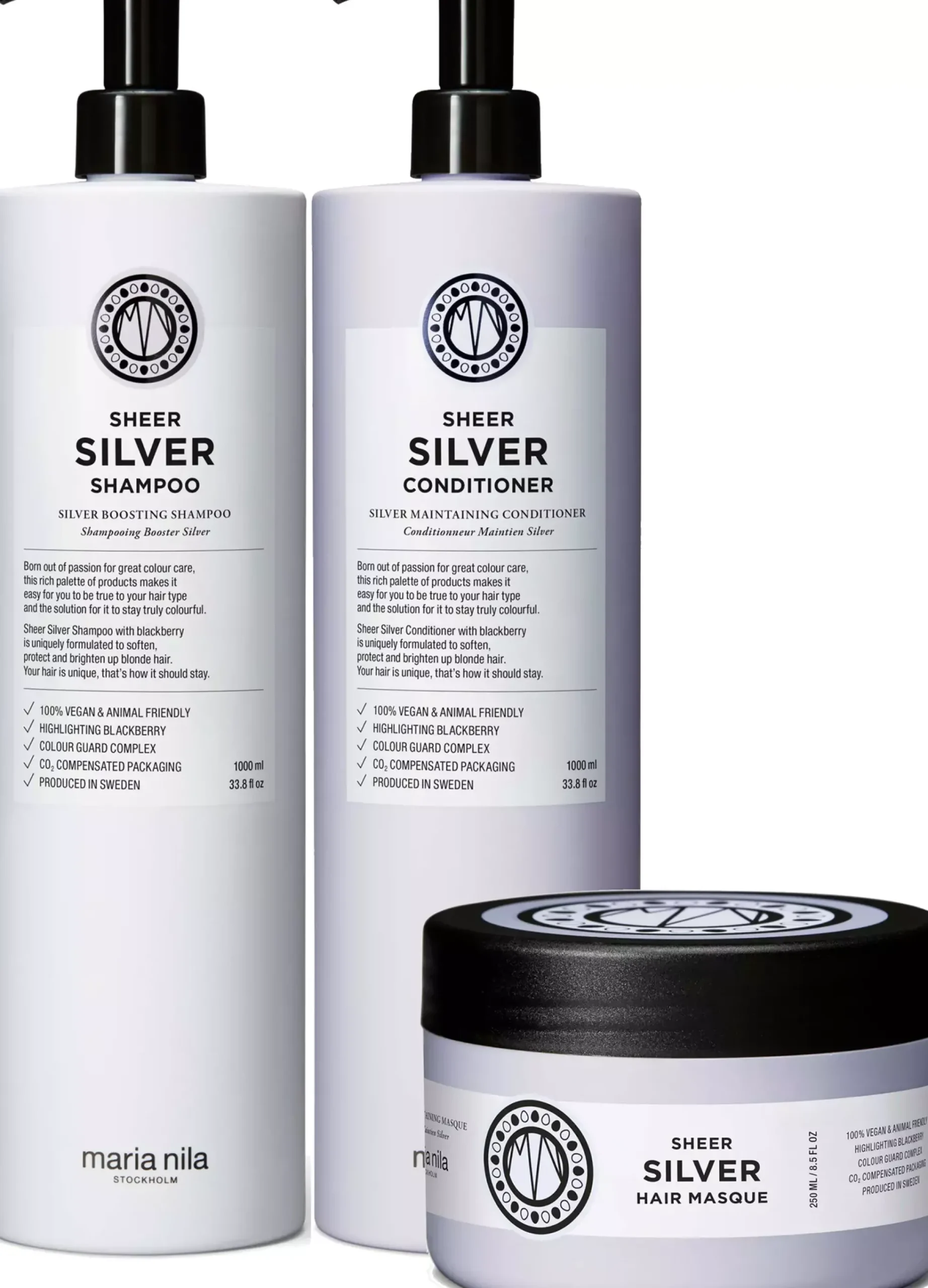 maria nilaSheer Silver Bundle Shampoo 1000 ml & Conditioner 1000 ml & Masque 250 ml