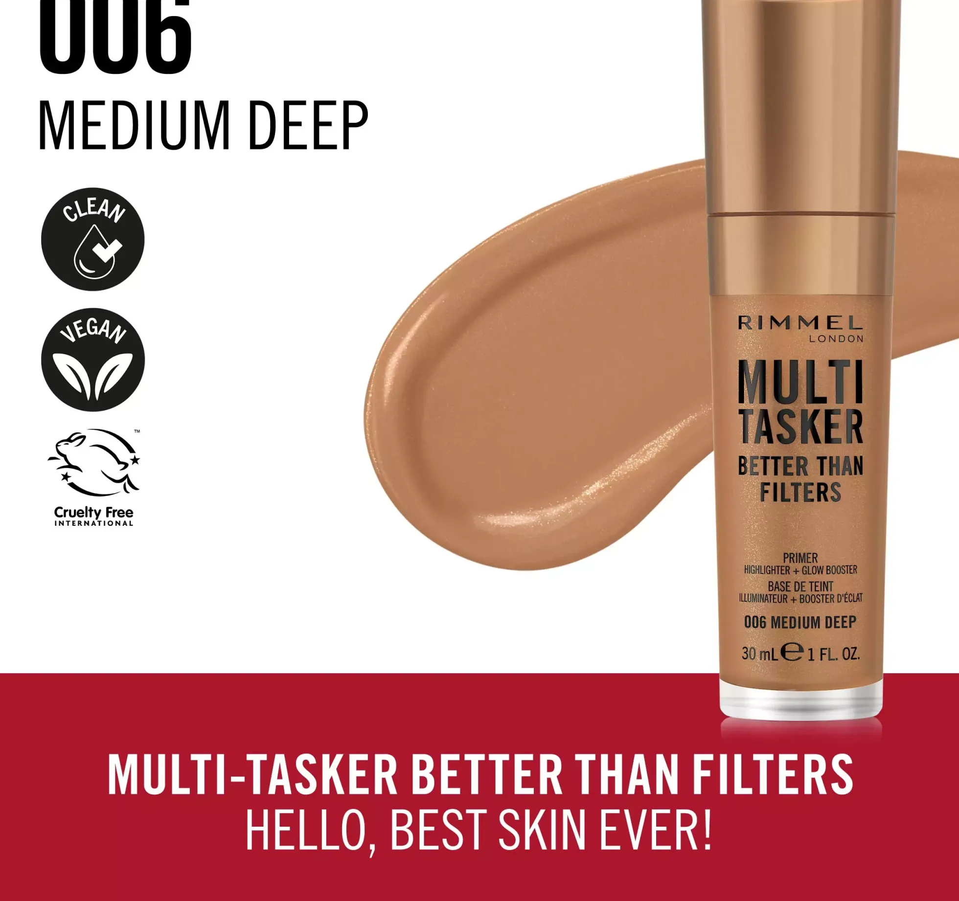 RimmelKind & Free Multi-Tasker Better Than Filters Face Primer Glow Booster and Highlighter 006 Medium Deep